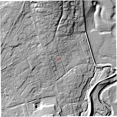 Shaded relief map of the ground around PR31JR, computed from Environment Agency LiDAR. The ground here sits at about 21 m above sea level and falls 17 m across the surrounding 800 m. Surface water reaching this point runs off ground lying to the north, 10.5 m higher.