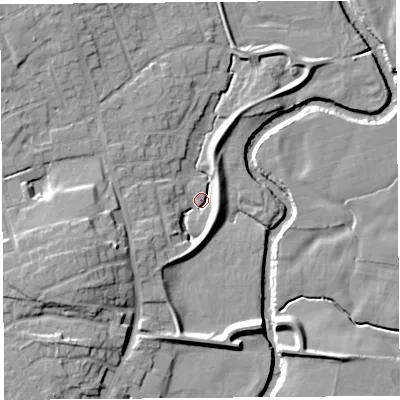 Shaded relief map of the ground around PR31JT, computed from Environment Agency LiDAR. The ground here sits at about 17 m above sea level and falls 12 m across the surrounding 800 m. Surface water reaching this point runs off ground lying to the south-west, 6.3 m higher.