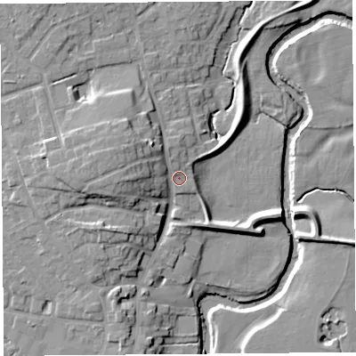 Shaded relief map of the ground around PR31JW, computed from Environment Agency LiDAR. The ground here sits at about 20 m above sea level and falls 12 m across the surrounding 800 m. Surface water reaching this point runs off ground lying to the west-north-west, 5.8 m higher.