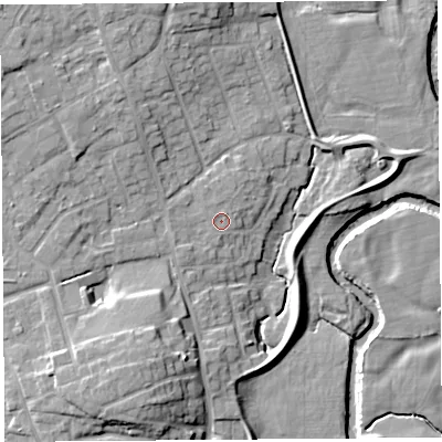 Shaded relief map of the ground around PR31LD, computed from Environment Agency LiDAR. The ground here sits at about 19 m above sea level and falls 12 m across the surrounding 800 m. Surface water reaching this point runs off ground lying to the north-east, 3.2 m higher.