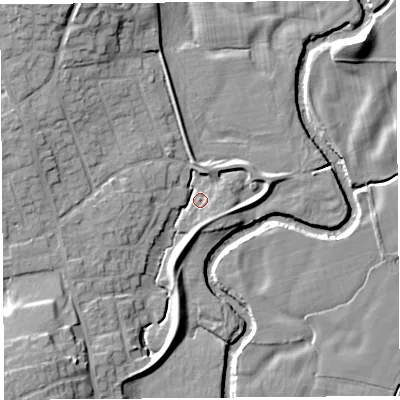 Shaded relief map of the ground around PR31LF, computed from Environment Agency LiDAR. The ground here sits at about 18 m above sea level and falls 13 m across the surrounding 800 m. Surface water reaching this point runs off ground lying to the south-west, 10.5 m higher.