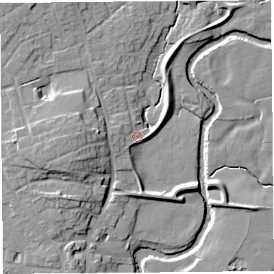Shaded relief map of the ground around PR31LP, computed from Environment Agency LiDAR. The ground here sits at about 19 m above sea level and falls 12 m across the surrounding 800 m. Surface water reaching this point runs off ground lying to the west, 2.5 m higher.