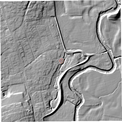Shaded relief map of the ground around PR31LS, computed from Environment Agency LiDAR. The ground here sits at about 18 m above sea level and falls 13 m across the surrounding 800 m. Surface water reaching this point runs off ground lying to the south-west, 10.5 m higher.