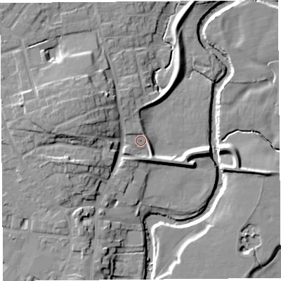 Shaded relief map of the ground around PR31LU, computed from Environment Agency LiDAR. The ground here sits at about 19 m above sea level and falls 12 m across the surrounding 800 m. Surface water reaching this point runs off ground lying to the south-east, 1.9 m higher.