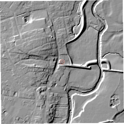 Shaded relief map of the ground around PR31LW, computed from Environment Agency LiDAR. The ground here sits at about 19 m above sea level and falls 12 m across the surrounding 800 m. Surface water reaching this point runs off ground lying to the north-west, 8.5 m higher.