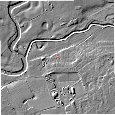 Shaded relief map of the ground around PR31NX, computed from Environment Agency LiDAR. The ground here sits at about 14 m above sea level and falls 9 m across the surrounding 800 m. Surface water reaching this point runs off ground lying to the south-south-east, 1.7 m higher.