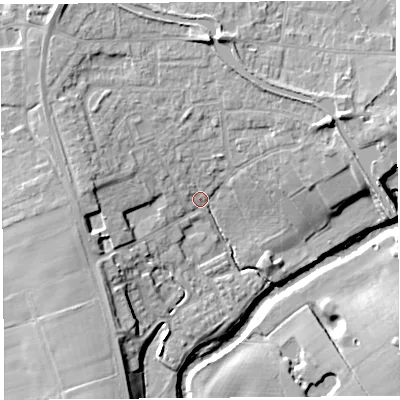 Shaded relief map of the ground around PR31PB, computed from Environment Agency LiDAR. The ground here sits at about 16 m above sea level and falls 13 m across the surrounding 800 m. Surface water reaching this point runs off ground lying to the east-north-east, 8.1 m higher.