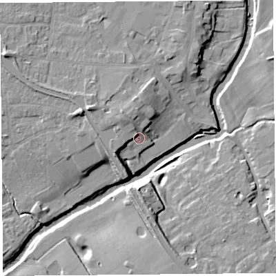 Shaded relief map of the ground around PR31PG, computed from Environment Agency LiDAR. The ground here sits at about 18 m above sea level and falls 13 m across the surrounding 800 m. Surface water reaching this point runs off ground lying to the north-west, 5.1 m higher.