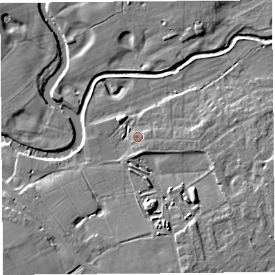 Shaded relief map of the ground around PR31PZ, computed from Environment Agency LiDAR. The ground here sits at about 14 m above sea level and falls 11 m across the surrounding 800 m. Surface water reaching this point runs off ground lying to the east-south-east, 1.9 m higher.