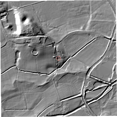 Shaded relief map of the ground around PR31QB, computed from Environment Agency LiDAR. The ground here sits at about 21 m above sea level and falls 18 m across the surrounding 800 m. Surface water reaching this point runs off ground lying to the north-west, 6.0 m higher.
