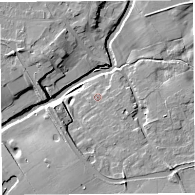 Shaded relief map of the ground around PR31QY, computed from Environment Agency LiDAR. The ground here sits at about 18 m above sea level and falls 13 m across the surrounding 800 m. Surface water reaching this point runs off ground lying to the south-south-east, 3.2 m higher.