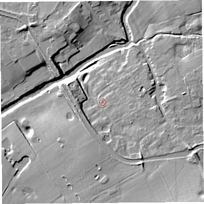 Shaded relief map of the ground around PR31QZ, computed from Environment Agency LiDAR. The ground here sits at about 19 m above sea level and falls 16 m across the surrounding 800 m. Surface water reaching this point runs off ground lying to the south-east, 4.7 m higher.