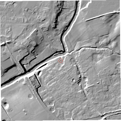 Shaded relief map of the ground around PR31RA, computed from Environment Agency LiDAR. The ground here sits at about 16 m above sea level and falls 13 m across the surrounding 800 m. Surface water reaching this point runs off ground lying to the south-south-east, 3.3 m higher.