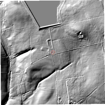 Shaded relief map of the ground around PR31RP, computed from Environment Agency LiDAR. The ground here sits at about 184 m above sea level and falls 64 m across the surrounding 800 m. Surface water reaching this point runs off ground lying to the east-north-east, 4.1 m higher.