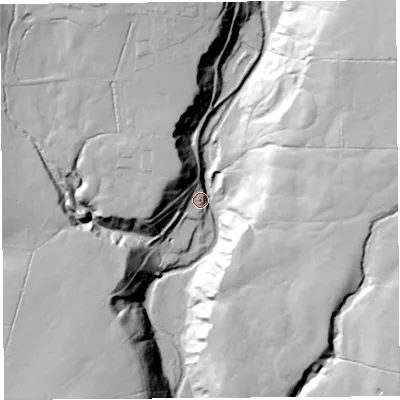 Shaded relief map of the ground around PR31SD, computed from Environment Agency LiDAR. The ground here sits at about 106 m above sea level and falls 63 m across the surrounding 800 m. Surface water reaching this point runs off ground lying to the north-east, 53.8 m higher.
