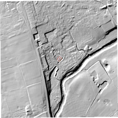 Shaded relief map of the ground around PR31SY, computed from Environment Agency LiDAR. The ground here sits at about 16 m above sea level and falls 14 m across the surrounding 800 m. Surface water reaching this point runs off ground lying to the west, 7.1 m higher.