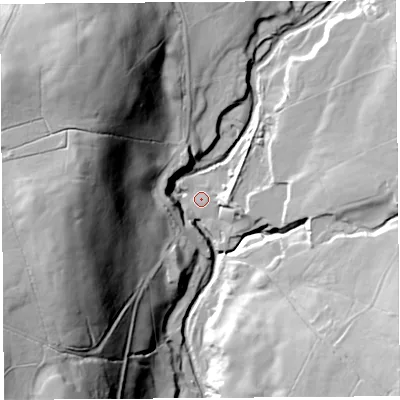 Shaded relief map of the ground around PR31TB, computed from Environment Agency LiDAR. The ground here sits at about 160 m above sea level and falls 69 m across the surrounding 800 m. Surface water reaching this point runs off ground lying to the west, 61.2 m higher.