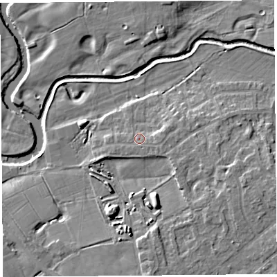 Shaded relief map of the ground around PR31TQ, computed from Environment Agency LiDAR. The ground here sits at about 15 m above sea level and falls 9 m across the surrounding 800 m. Surface water reaching this point runs off ground lying to the east, 2.0 m higher.