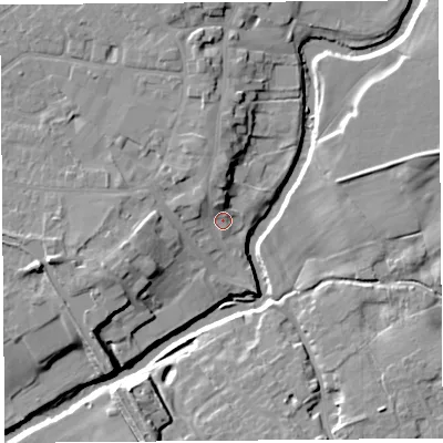 Shaded relief map of the ground around PR31TX, computed from Environment Agency LiDAR. The ground here sits at about 17 m above sea level and falls 13 m across the surrounding 800 m. Surface water reaching this point runs off ground lying to the north, 4.0 m higher.
