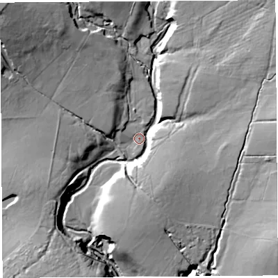Shaded relief map of the ground around PR31UY, computed from Environment Agency LiDAR. The ground here sits at about 162 m above sea level and falls 38 m across the surrounding 800 m. Surface water reaching this point runs off ground lying to the north-west, 25.2 m higher.