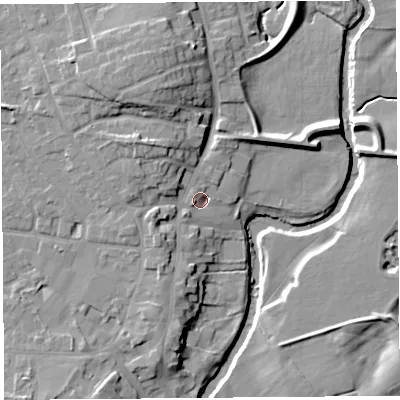 Shaded relief map of the ground around PR31WZ, computed from Environment Agency LiDAR. The ground here sits at about 18 m above sea level and falls 13 m across the surrounding 800 m. Surface water reaching this point runs off ground lying to the west-north-west, 5.4 m higher.