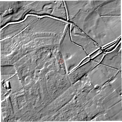 Shaded relief map of the ground around PR31XN, computed from Environment Agency LiDAR. The ground here sits at about 16 m above sea level and falls 10 m across the surrounding 800 m. Surface water reaching this point runs off ground lying to the south, 3.5 m higher.
