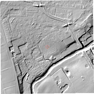 Shaded relief map of the ground around PR31XP, computed from Environment Agency LiDAR. The ground here sits at about 16 m above sea level and falls 13 m across the surrounding 800 m. Surface water reaching this point runs off ground lying to the north, 3.0 m higher.