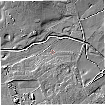 Shaded relief map of the ground around PR31XQ, computed from Environment Agency LiDAR. The ground here sits at about 14 m above sea level and falls 10 m across the surrounding 800 m. Surface water reaching this point runs off ground lying to the south-south-east, 2.9 m higher.