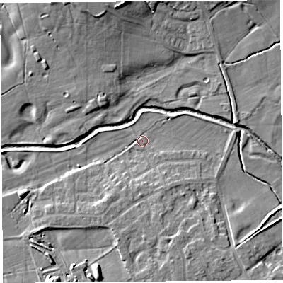 Shaded relief map of the ground around PR31XR, computed from Environment Agency LiDAR. The ground here sits at about 14 m above sea level and falls 11 m across the surrounding 800 m. Surface water reaching this point runs off ground lying to the south-east, 6.2 m higher.