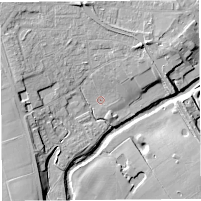 Shaded relief map of the ground around PR31XT, computed from Environment Agency LiDAR. The ground here sits at about 15 m above sea level and falls 13 m across the surrounding 800 m. Surface water reaching this point runs off ground lying to the north-east, 5.9 m higher.