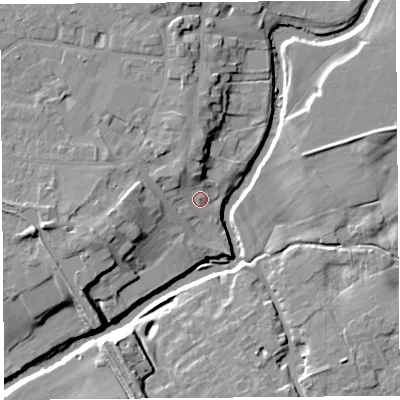 Shaded relief map of the ground around PR31YB, computed from Environment Agency LiDAR. The ground here sits at about 17 m above sea level and falls 13 m across the surrounding 800 m. Surface water reaching this point runs off ground lying to the west, 7.0 m higher.