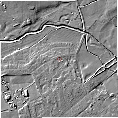 Shaded relief map of the ground around PR31YH, computed from Environment Agency LiDAR. The ground here sits at about 16 m above sea level and falls 10 m across the surrounding 800 m. Surface water reaching this point runs off ground lying to the south-south-west, 1.6 m higher.