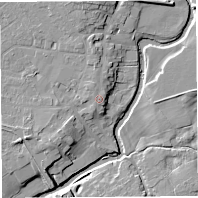 Shaded relief map of the ground around PR31ZA, computed from Environment Agency LiDAR. The ground here sits at about 21 m above sea level and falls 12 m across the surrounding 800 m. Surface water reaching this point runs off ground lying to the north-east, 0.7 m higher.