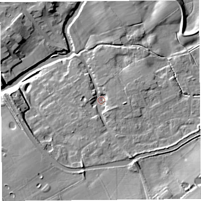 Shaded relief map of the ground around PR31ZB, computed from Environment Agency LiDAR. The ground here sits at about 17 m above sea level and falls 18 m across the surrounding 800 m. Surface water reaching this point runs off ground lying to the south-south-east, 5.8 m higher.