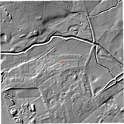Shaded relief map of the ground around PR31ZH, computed from Environment Agency LiDAR. The ground here sits at about 15 m above sea level and falls 9 m across the surrounding 800 m. Surface water reaching this point runs off ground lying to the south, 2.1 m higher.