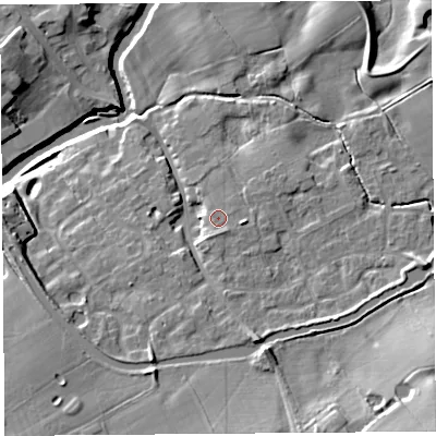 Shaded relief map of the ground around PR31ZQ, computed from Environment Agency LiDAR. The ground here sits at about 20 m above sea level and falls 19 m across the surrounding 800 m. Surface water reaching this point runs off ground lying to the south-south-east, 1.3 m higher.