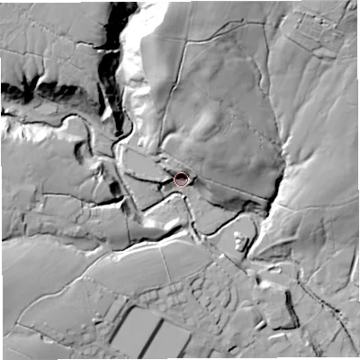 Shaded relief map of the ground around PR32GP, computed from Environment Agency LiDAR. The ground here sits at about 122 m above sea level and falls 62 m across the surrounding 800 m. Surface water reaching this point runs off ground lying to the north, 40.9 m higher.