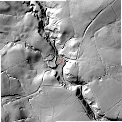 Shaded relief map of the ground around PR32GR, computed from Environment Agency LiDAR. The ground here sits at about 156 m above sea level and falls 69 m across the surrounding 800 m. Surface water reaching this point runs off ground lying to the north-east, 52.2 m higher.