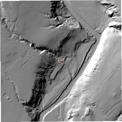 Shaded relief map of the ground around PR32HB, computed from Environment Agency LiDAR. The ground here sits at about 99 m above sea level and falls 58 m across the surrounding 800 m. Surface water reaching this point runs off ground lying to the north-west, 50.0 m higher.