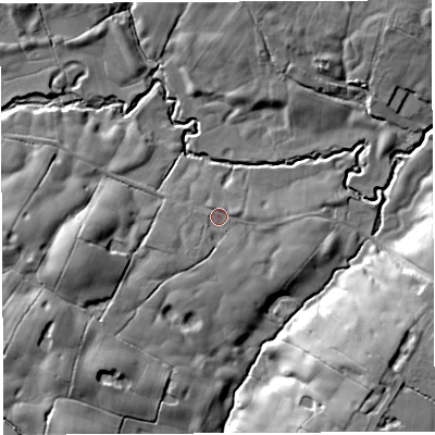 Shaded relief map of the ground around PR32ND, computed from Environment Agency LiDAR. The ground here sits at about 100 m above sea level and falls 17 m across the surrounding 800 m. Surface water reaching this point runs off ground lying to the south-west, 2.4 m higher.