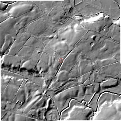 Shaded relief map of the ground around PR32QA, computed from Environment Agency LiDAR. The ground here sits at about 95 m above sea level and falls 10 m across the surrounding 800 m. Surface water reaching this point runs off ground lying to the north-east, 2.2 m higher.