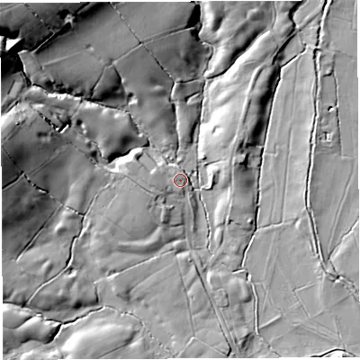 Shaded relief map of the ground around PR32QB, computed from Environment Agency LiDAR. The ground here sits at about 96 m above sea level and falls 34 m across the surrounding 800 m. Surface water reaching this point runs off ground lying to the west, 5.0 m higher.