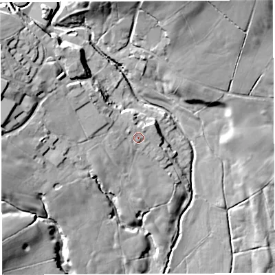 Shaded relief map of the ground around PR32QD, computed from Environment Agency LiDAR. The ground here sits at about 110 m above sea level and falls 31 m across the surrounding 800 m. Surface water reaching this point runs off ground lying to the north-west, 6.5 m higher.