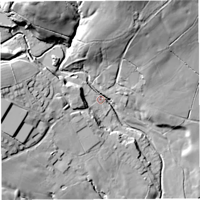Shaded relief map of the ground around PR32QE, computed from Environment Agency LiDAR. The ground here sits at about 110 m above sea level and falls 43 m across the surrounding 800 m. Surface water reaching this point runs off ground lying to the north-west, 35.8 m higher.