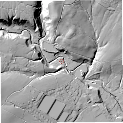 Shaded relief map of the ground around PR32QP, computed from Environment Agency LiDAR. The ground here sits at about 119 m above sea level and falls 54 m across the surrounding 800 m. Surface water reaching this point runs off ground lying to the north, 41.6 m higher.