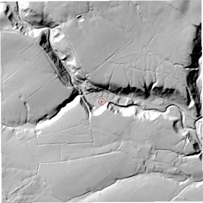 Shaded relief map of the ground around PR32QY, computed from Environment Agency LiDAR. The ground here sits at about 136 m above sea level and falls 55 m across the surrounding 800 m. Surface water reaching this point runs off ground lying to the north-north-west, 41.0 m higher.