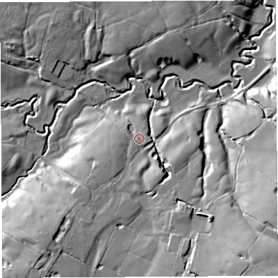 Shaded relief map of the ground around PR32TB, computed from Environment Agency LiDAR. The ground here sits at about 102 m above sea level and falls 26 m across the surrounding 800 m. Surface water reaching this point runs off ground lying to the south-west, 7.5 m higher.