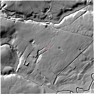 Shaded relief map of the ground around PR32TJ, computed from Environment Agency LiDAR. The ground here sits at about 100 m above sea level and falls 26 m across the surrounding 800 m. Surface water reaching this point runs off ground lying to the north-west, 1.9 m higher.