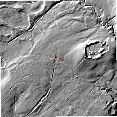 Shaded relief map of the ground around PR32TQ, computed from Environment Agency LiDAR. The ground here sits at about 99 m above sea level and falls 16 m across the surrounding 800 m. Surface water reaching this point runs off ground lying to the north-north-west, 2.1 m higher.