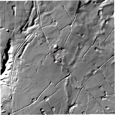 Shaded relief map of the ground around PR32XB, computed from Environment Agency LiDAR. The ground here sits at about 83 m above sea level and falls 21 m across the surrounding 800 m. Surface water reaching this point runs off ground lying to the north, 5.5 m higher.